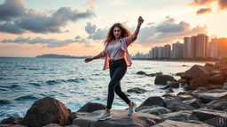 beautiful lady with makeup in pants and pretty shirt curvy long hair sport shoes dancing in sea side on pretty rocks ,modern city escape at dintant ,pretty clouds, golden hour