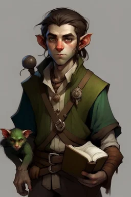 Dungeons and Dragons half-orc teenager. He is sixteen. He is a rogue he is gentle and kind. Tall and skinny. He is handsome. He is lanky. He carries around a book and a pet mouse, Mysterious, short hair