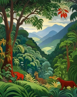 A jungle near a mountain made out of steel painted by Paul Ranson