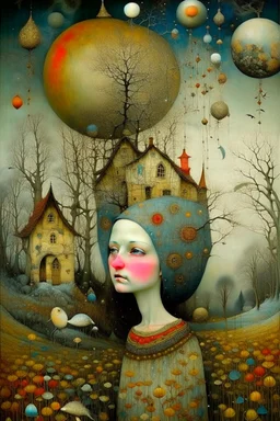 Richly textured Hieronymus Bosch, Catrin Welz-Stein, William Turner, Zdzisław Beksiński, Jacek Yerka oil on canvas zentangle line art style mix, surreal frosted fantasyland winter oceanscape, hoarfrost on trees, high grasses, snow and cottages, withered flowers, pale sunrise; paint splatter, beautiful vibrant colors, reflections, SK, flying seagulls, dramatic clouds, snowfall.