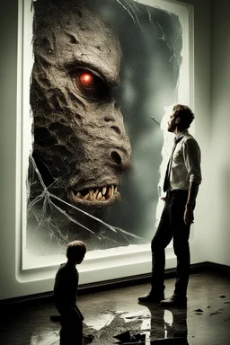 a man looking into a shattered mirror and seeing a horrifying, abstract deranged monster in his reflection