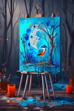 A melting plastic trees in the wood with melting moon