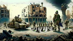 Israeli soldiers and tanks stand on a very large chessboard in the middle of a destroyed city