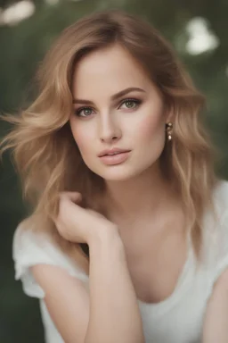 Debby Ryan, 32-year-old American actress, photorealistic 4K, cinematic lighting, heart-shaped face, porcelain fair skin with warm undertones, high cheekbones, soft peach blush, large almond hazel eyes flecked with green and amber, long curled lashes, soft arched brows, straight narrow nose with rounded tip, full lips with defined cupid’s bow in matte rose, auburn hair with copper highlights, mid-back length, voluminous waves, deep side part, slender hourglass frame