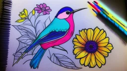 A drawing of a bird and a flower made with alcohol markers.