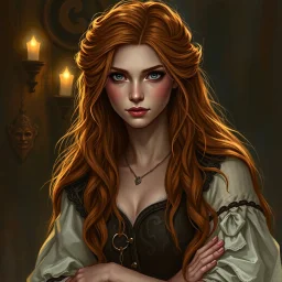 a beautiful fantasy woman, young, long ginger hair, medieval, troubled, tavern wench, fantasy art