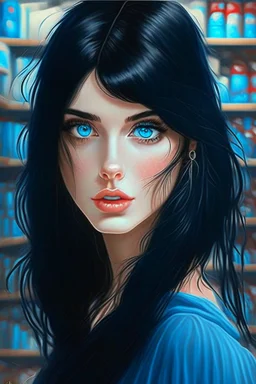 beautiful girl, black hair, blue eyes, shopping