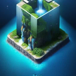 The Isometric Glass Tall Box Mini Model Little Real Island Mixed Water Fall Under Ocean Sunshine Summer Background Blue Sea, The Last Of Us / Avatar, Octane Render / ZBrush, Cinematic, IMAX Film, Nikon D750, 16K, Autostereoscopy, Anthropomorphic, Golden Ratio, Geometry, Symmetric, Depth Of Field, Highly Detailed, Ultra Realistic, Beautiful Lighting, Halfrear Lighting, Soft Light, Candoluminescence, Cast Shadow, Reflective, Glow, Translucent, Normal Map, Carbonated --testp