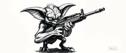 airbrush with pen outline, mongrel goblin gremlin holding uzi