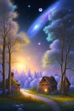 a village in the woods with galaxy sky and wolf