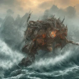 an ibis warrior in orange and green full battle armor, background of giant crashing ocean waves, a highly detailed illustration, realistic render, 8 k, micro detail, intricate, elegant, centered, digital painting, smooth, sharp focus, illustration, artgerm, tomasz alen kopera, peter mohrbacher, donato giancola, joseph christian leyendecker, wlop, boris vallejo