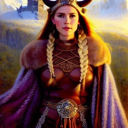 portrait beautiful face viking queen,braids,busty,horned helmet,snow,castle,mountains,ancient leather armor, balanciaga fashion clothe painting by gaston bussiere, greg rutkowski, yoji shinkawa, yoshitaka amano, tsutomu nihei, donato giancola, tim hildebrandt, oil on canvas, cinematic composition, extreme detail,fit full head inside picture,16k