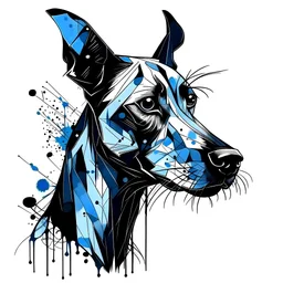 Modern tattoo motifs, abstract and minimalistic ink drawing, Bold and dynamic, design on a white background, The picture shows a wider head of a short-haired crossbreed dog of a dark color, without light patches on the faces, of a firmer stature with very short drooping earsThe image consists of black and blue colors. The tattoo is with detailed shading. The dog has a cheerful and mischievous look and a sticking out tongue, he smiles