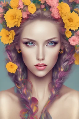 Woman with flowers as hair in many colors looks at the camera