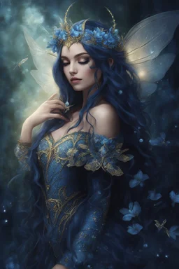 Midnight blue,Dark blue hair,night,dark fairy princess ,elven crown,elven ears,sparkle,glitter,lillies of the valley,gold armor,dragonflies,rapunzel hair