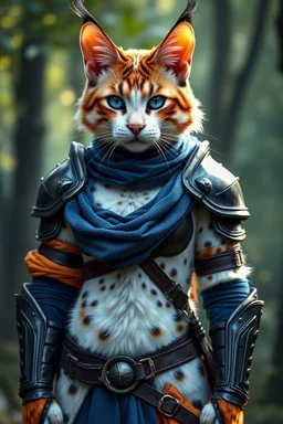 full body of a Tabaxi female paladin in D&D style, Dnd Tabaxi, white and black and orange calico fur pattern, large feminine chest, blue eyes, fantasy forest background, background slightly out of focus, ultra realistic, highly detailed, facing front, wearing full plate armor and black leather armor, wearing blue and orange fabric, blue scarf, full plate armor