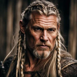 portrait of a 50-year-old viking ,blonde beard with grey highlight and long blond hair with Two small braids. Rugged face with a scar on his cheek.