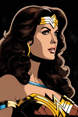 dark brown wood panel background with an overhead spotlight effect, Marie Osmond dressed as Wonder Woman facing to the side looking back over her shoulder, full color -- Absolute Reality v6, Absolute reality, Realism Engine XL - v1