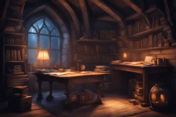 fantasy medieval study room with a desk, at night