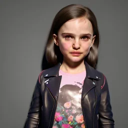 Natalie portman toddler, full body, leather jacket, floral shirt, floral skirt, shoe, soft skin, dramatic lighting, hyper realistic