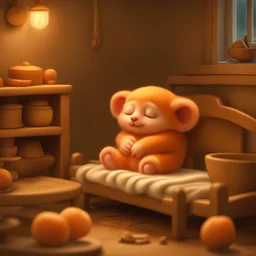 An oil painting depicting an incredibly cute animated apricot character peacefully sleeping on a small cot, with ultra-realistic details and high resolution. The scene is set in a cozy kitchen, showcasing intricate textures and lighting effects that bring the artwork to life. claymation character, realistic texture