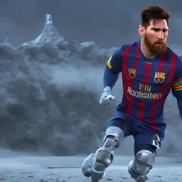 portrait,lionel messi robot, wearing argentina, post-apocalyptic in a football stadium, realistic, intriacte detail, sci-fi fantasy style, volumetric lighting, particales,highly detailed,cinamatic, deep colours,8k