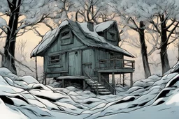 winter tree house , overgrown apocalyptic background, comic book,