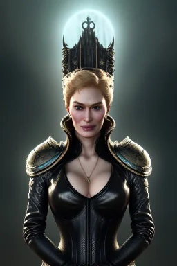 Cersei Lannister as evil queen in black leather, busty, cleavage, curvy, lena headay, angry, stern look. character design by cory loftis, fenghua zhong, ryohei hase, ismail inceoglu and ruan jia. unreal engine 5, artistic lighting, highly detailed, photorealistic, fantasy