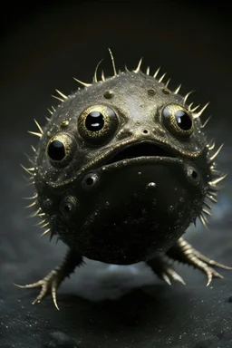 Solid spherical creature, four black eyes, very small mouth, lighting body, The creature is iron, high details, stunning realistic photograph