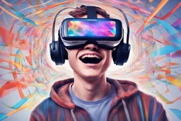 الصورة تعرض شابًا يرتدي نظارات الواقع الافتراضي وهو يستمتع بتجربة واقع افتراضي مذهلة. يظهر وجهه المبتسم وتعابير الدهشة في عينيه واضحة، حيث يبدو وكأنه مغمور في عالم ثلاثي الأبعاد مليء بالألوان والتفاصيل. تتدفق الأسلاك من النظارات على جانبي وجهه، مما يُظهر التفاصيل التكنولوجية المذهلة للجهاز. خلفه، يمكن رؤية أشكال هندسية ثلاثية الأبعاد وصور مجردة تطفو في الهواء، مما يعكس تجربة فريدة وغامرة للواقع الافتراضي. يتواجد شعار "مستقبل الواقع الافتراضي" بالزاوية السفلى اليمنى للصورة، يضفي لمسة إضافية من ال