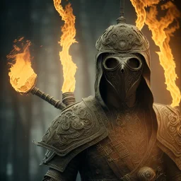 warrior walking into the flame, cinematic, HDR, highly detailed, mask cover whole face and hood, scull mask, ProPhoto RGB, Half rear Lighting, nsane details, intricate details, 32k, Super-Resolution, DOF, Color Grading, Depth of Field, ghost, messenger of death, non photorealistic rendering, Fire theme art