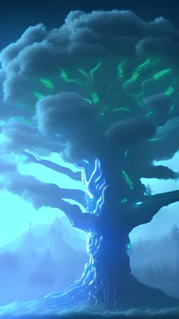 Generate a cyber-themed wallpaper featuring a futuristic tree of Yggdrasil. The tree should be depicted as a network of circuit lines and nodes resembling branches and leaves. The colors of the tree should be sky blue hues coupled with electric blue highlights, to create a unique yet appealing hacking vibe. The background of the wallpaper should be mostly dark to accentuate the cool blue tones of it. The overall aesthetic should be modern, while paying homage to traditional roots of Yggdrasil.