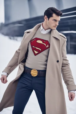 a Clark kent Superman winter fashion runway with modern clothes by Superman style clothes, embroidery elegant fashion beige tones