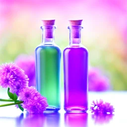 Draw two bottles on a beautiful delicate background, the delicate purple flowers are blurred from behind