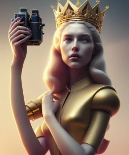 Statue of Queen of photography holding camera in hands. Cute blonde woman. Photographer in golden crown. Standing on the street. Big camera in her hand. hyperdetailed, photorealistic, trending on artstation, greg rutkowski, beksinski, kodachrome, volumetric lighting, gold and cyan