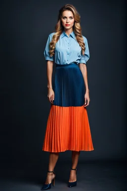 full body of very beautiful lady midi blue pleated skirt and orange bluse , Braided hair ,standing idle happy pose in studio pretty makeup,dark background