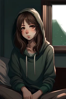 anime porträ mit einem mädchen, sie ist 15 jahre, grüne augen, b raune mittel lange haar. Hoodie und kurze schwarze hosen. Sie sitzt auf ihrem Bett neben ihr ist ei fenster. Es ist dunkel draussen und in ihrem zimmer. Sie sitzt vor ihrem laptop und schaut un ihren laptop