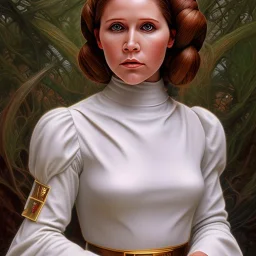 square framed complete and ultra realistic detailed head to waist stunning photo realistic portrait of young carrie fisher as Princess Leia with photo realistic hairstyle by Mandy Jurgens and mucha and Richard Schmid and chuck close and chie yoshii, extraordinary and detailed ceremony dress of star wars,brown eyes