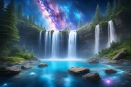 a magic waterfall of crystal clear water in a cosmic landscape with rich feral forest. in the background there is a bright sky with beam and galaxy