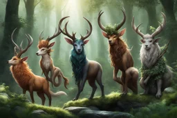 Let's get creative with this line of creatures, all from the same species but each with its own unique twist. On the far left, a graceful faun, a creature of the forest with delicate features and a mischievous glint in its eye. Next, a powerful satyr, exuding raw energy and wildness, ready to leap into action. In the middle, a majestic centaur, embodying strength and wisdom, with the body of a horse seamlessly fused with the torso of a noble warrior. And on the far right, a menacing minotaur, ha