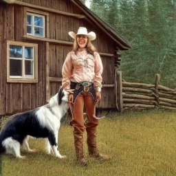 cowgirl in front of cabin with a border collie dog, 8k, high-quality, ultra-fine detail, Brian Froud, Howard Lyon, Alfredo Rodriguez, Jack Sorenson