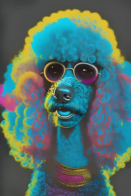rich poodle in Percy Jackson style, fun ,black, psychedelic, face reaction