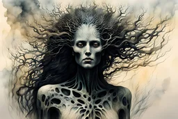 Zdzislaw Beksinski, Max Ernst, and Peter Gric style ink wash and watercolor, full body illustration of a transcendent woman , highly detailed facial features, mixed to anatomical body view, visible plant like skeletal structure, wildly flowing hair, 8k octane, all in focus, clean face, no grain, ethereal, otherworldly, Druid Forest Goddess concept art in vibrant natural autumnal colors
