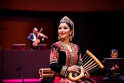 یک زن آذربایجانی زیبا با لباس محلی سنتی، در حال نواختن ساز قوپوز عاشق ها در یک تالار کنسرت مدرن و لوکس.