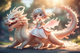 a cute anime chibi princess sitting on a wild chinese dragon and dynamically riding it, soft, shading strokes, in sunshine, ethereal, otherwordly, cinematic postprocessing, bokeh, dof