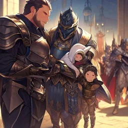 Boy wearing leather armor protecting family