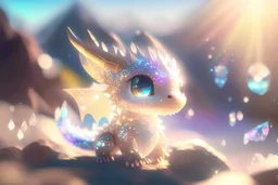 cute chibi anime little dragon, holographic, transparent sparkling crystal mountains in sunshine, ethereal, cinematic postprocessing, bokeh, dof