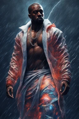 ultra instinct super saiyan Kanye West , Full body, night sky, rain, hyperdetailed , luminism, art by Carne Griffiths and Wadim Kashin concept art, 4k resolution, fractal isometrics details bioluminescens , 3d render, octane render, intricately detailed , cinematic, trending on arts tation Isometric Centered hype reallistic cover photo awesome full color, hand drawn , gritty , intricate, hit definition