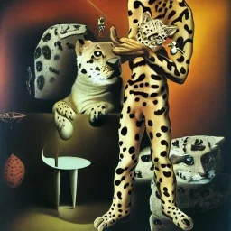 Salvador Dali with his pet ocelot Babou , hypperealism , surrealism , outlandish painting , extreme painting , high definition , high detailed, vivid deep colours, complex ,oil on canvas ,8k,portrait,sharp, focus, close up, fantasy view ,masterpiece, by Salvador Dali himself