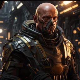 star wars bald male corellian pilot wearing pearlescent black and gunmetal grey First Order special forces heavy assault stealth commando armor and helmet with gold trim inside the jedi temple, hyperdetailed, dynamic lighting, hyperdetailed background, 8k resolution, volumetric lighting, light skin, fully symmetric details